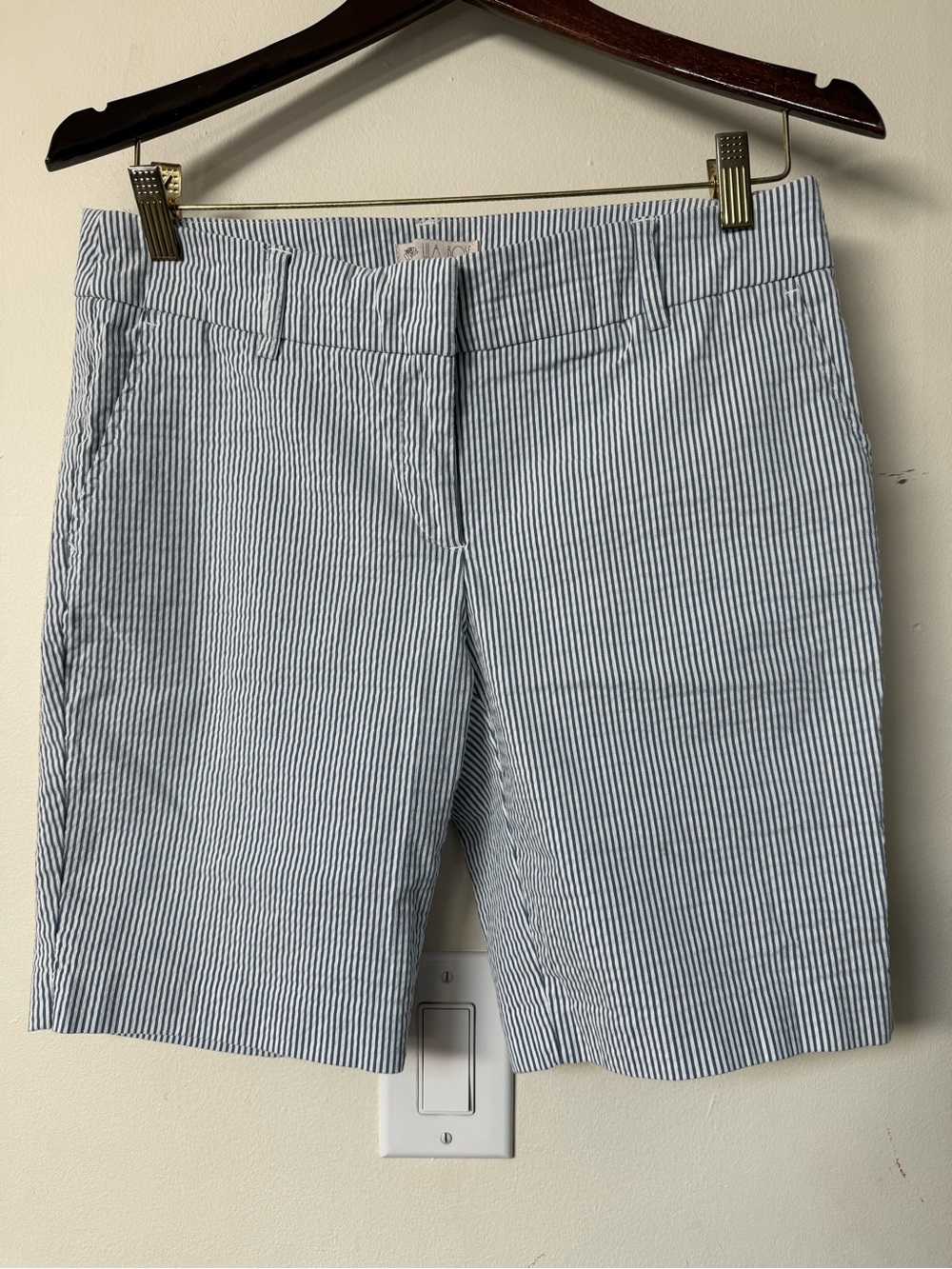 Lila Rose Blue and White Striped Seersucker Bermuda Shorts